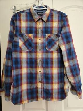 American Eagle Outfitters Plaid Button-Down Shirt - Blue/Red/Yellow